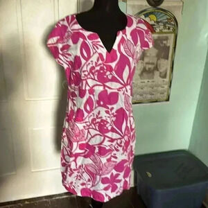 Boden tropical floral 100% linen shift pocket V-neck dress 12